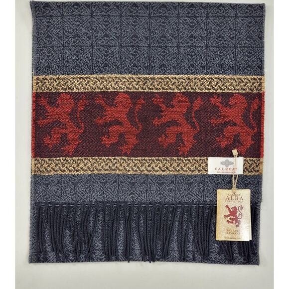 Calzeat Wool Blend Scarf 70"x15" Red Celtic Lion Fringe Wrap Shawl Scotland NEW - Picture 2 of 4